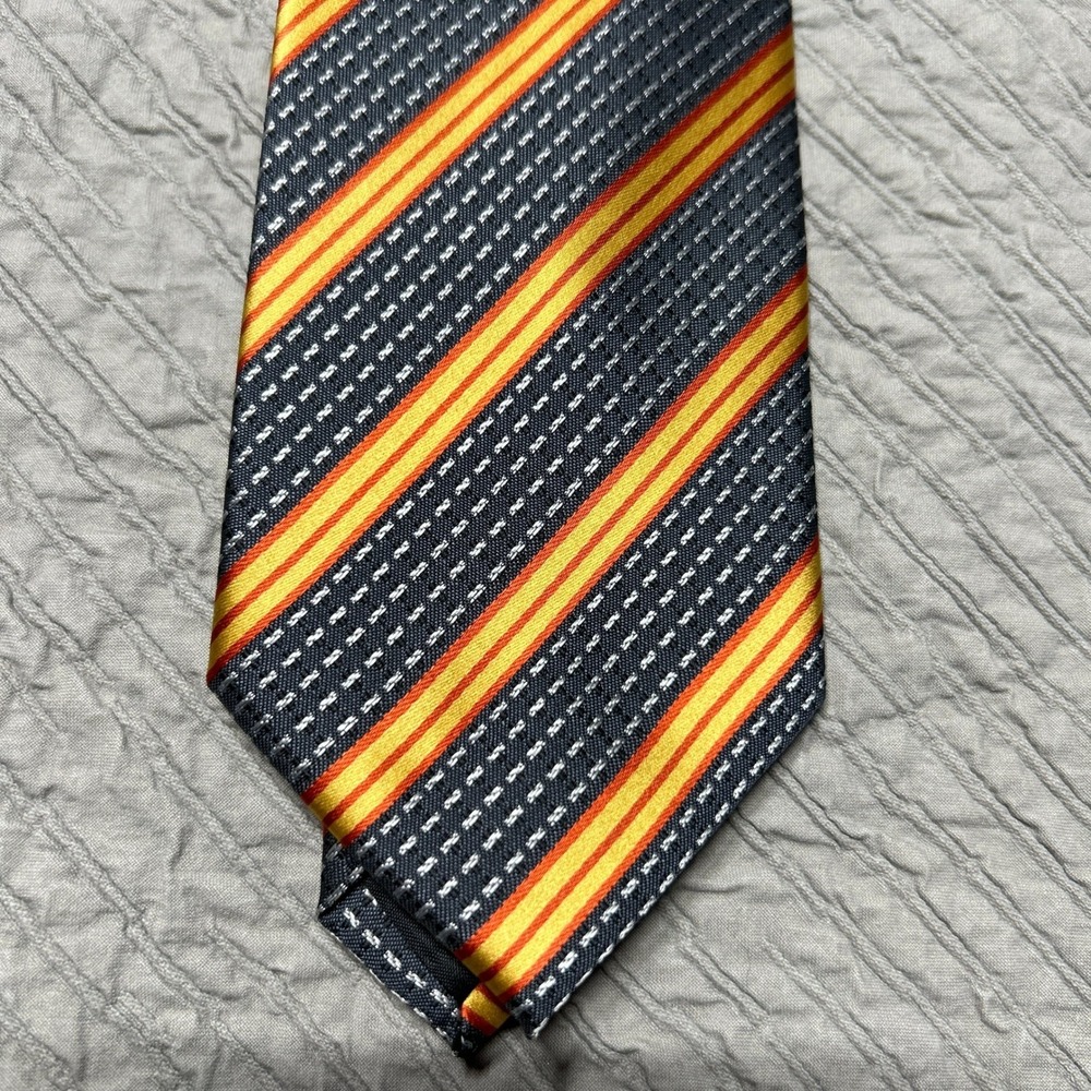 Coogi Mens Silk Necktie Orange Yellow Navy Blue Diagonal Striped Silk Tie